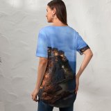 yanfind V Neck T-shirt for Women Manarola Cinque Terre Italy Seascape City Lights Dusk Tourist Attraction Seaside Village Summer Top  Short Sleeve Casual Loose