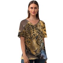 yanfind V Neck T-shirt for Women Leopard Wild Carnivore Predator Closeup Face Big Cat Staring Summer Top  Short Sleeve Casual Loose