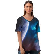 yanfind V Neck T-shirt for Women Vadim Sadovski Space Purple Planet Cosmos Stars Galaxy Asteroids Summer Top  Short Sleeve Casual Loose