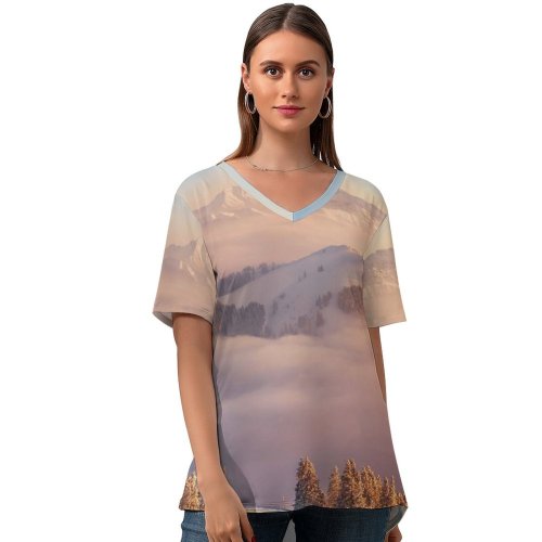 yanfind V Neck T-shirt for Women Dominic Kamp Rigi Kulm Mount Rigi Mountain Range Landscape Snow Covered Winter Summer Top  Short Sleeve Casual Loose