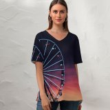 yanfind V Neck T-shirt for Women Black Dark Ferris Wheel Silhouette Sunset Neon Lights Amusement Park Purple Sky Summer Top  Short Sleeve Casual Loose