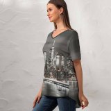 yanfind V Neck T-shirt for Women Lerone Pieters Manhattan Bridge Brooklyn Cityscape Night City Lights York City USA Summer Top  Short Sleeve Casual Loose