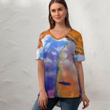 yanfind V Neck T-shirt for Women River Acidic Río Tinto Reflections Summer Top  Short Sleeve Casual Loose