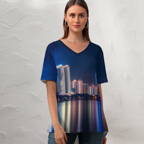 yanfind V Neck T-shirt for Women GoMustang Qingdao China Night Cityscape City Lights Reflections Summer Top  Short Sleeve Casual Loose