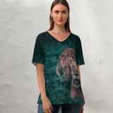 yanfind V Neck T-shirt for Women Cub Pair Grass Wildlife Wallpapers Chobe Cougar Hunt Puma Predator Lioness Summer Top  Short Sleeve Casual Loose