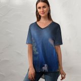 yanfind V Neck T-shirt for Women Anja Fantasy Fairy Tale Mythical Light Beam Forest Woods Tall Trees Scenery Summer Top  Short Sleeve Casual Loose