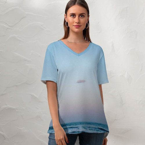 yanfind V Neck T-shirt for Women Blimp Ocean Public Airship Prefecture Wallpapers Outdoors Aircraft Dawn Transportation Summer Top  Short Sleeve Casual Loose