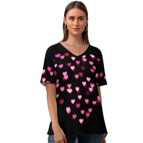 yanfind V Neck T-shirt for Women Black Dark Love Love Heart Hearts Lights Night Summer Top  Short Sleeve Casual Loose