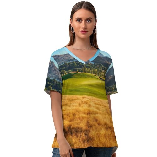 yanfind V Neck T-shirt for Women Trey Ratcliff Golf Course Landscape Mountains Lake Par Scenery Summer Top  Short Sleeve Casual Loose