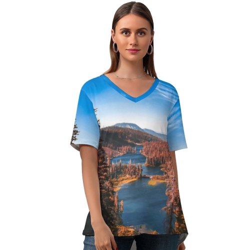 yanfind V Neck T-shirt for Women Mathilda Khoo Yosemite National Park River Forest Autumn Scenery Landscape Trees Valley Summer Top  Short Sleeve Casual Loose