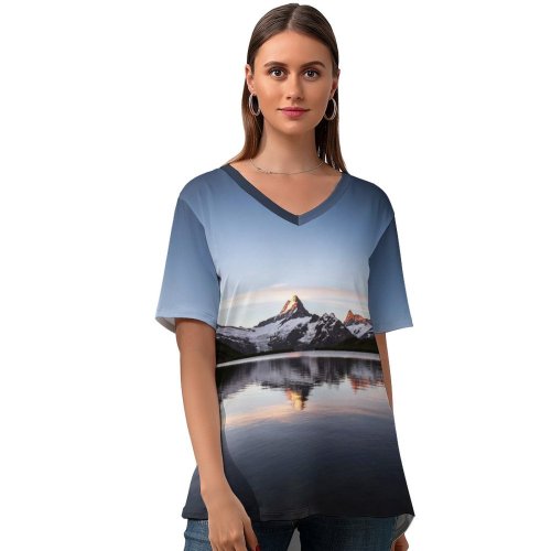 yanfind V Neck T-shirt for Women Gerard Sunrise Morning Bachalpsee Lake Reflections Switzerland Summer Top  Short Sleeve Casual Loose