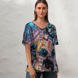 yanfind V Neck T-shirt for Women Benjamin Suter Chicago Skyscrapers Cityscape Night City Lights Aerial Willis Tower Illinois Summer Top  Short Sleeve Casual Loose