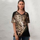 yanfind V Neck T-shirt for Women Black Dark Leopard Wildcat Wildlife Closeup Summer Top  Short Sleeve Casual Loose