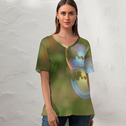 yanfind V Neck T-shirt for Women Soap Bubble Art Reflection Light Liquid Grass Sunlight Macro Sky Ball Summer Top  Short Sleeve Casual Loose