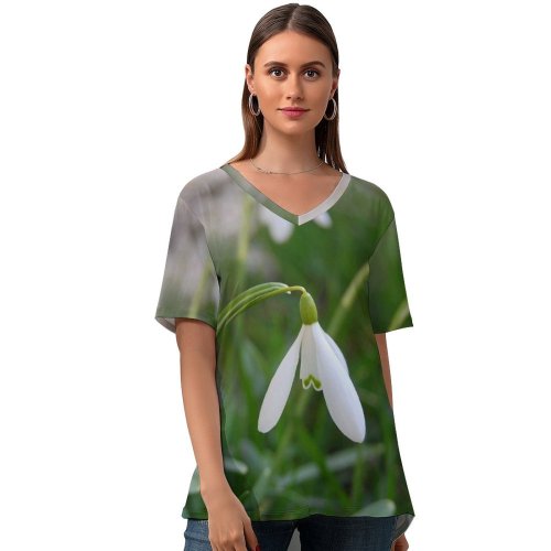 yanfind V Neck T-shirt for Women Spring Snowdrops Grass Flower Galanthus Flowering Plant Snowdrop Summer Snowflake Amaryllis Family Summer Top  Short Sleeve Casual Loose