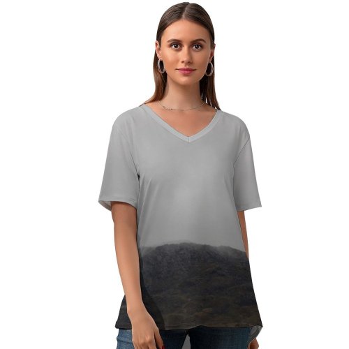 yanfind V Neck T-shirt for Women Caernarfon Cloud Mountain Moody Nervum United Scenic Fog Pictures Mist Stock Summer Top  Short Sleeve Casual Loose