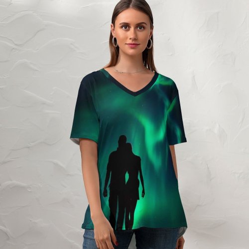 yanfind V Neck T-shirt for Women Love Couple Aurora Borealis Night Romantic Together Silhouette Northern Lights Summer Top  Short Sleeve Casual Loose