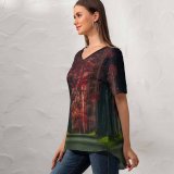 yanfind V Neck T-shirt for Women Hmetosche Forest Road Trees Woods Sunset Autumn Forest Dawn Pathway Scenic Summer Top  Short Sleeve Casual Loose