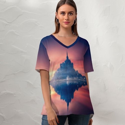 yanfind V Neck T-shirt for Women Grafixart Mont SaintMichel Sunset Twilight Dawn Reflection Normandy France Summer Top  Short Sleeve Casual Loose