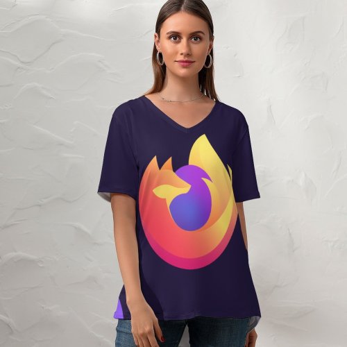 yanfind V Neck T-shirt for Women Technology Firefox Colorful Gradients Summer Top  Short Sleeve Casual Loose