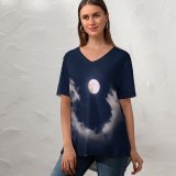 yanfind V Neck T-shirt for Women Aron Visuals Moon Clouds Night Starry Sky Summer Top  Short Sleeve Casual Loose