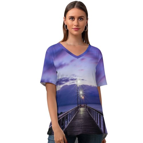 yanfind V Neck T-shirt for Women Luan Oosthuizen Wooden Pier Bridge Sunset Purple Dawn Seascape Holidays Sky Seashore Summer Top  Short Sleeve Casual Loose