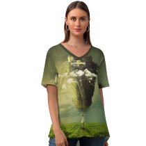 yanfind V Neck T-shirt for Women Comfreak Fantasy Sun Moon Girl Clouds Mystic Landscape Dream Castle Sky Summer Top  Short Sleeve Casual Loose