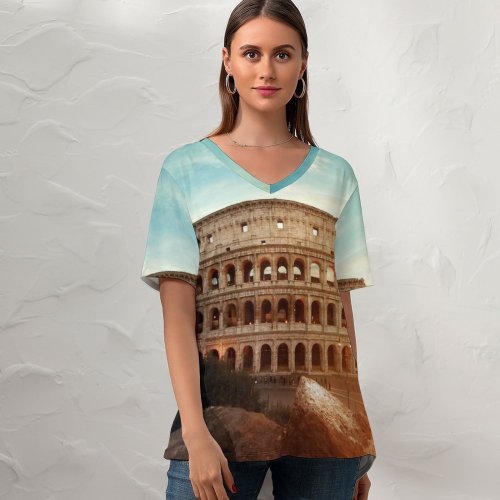 yanfind V Neck T-shirt for Women Colosseum Amphitheater Historical Structure Rome Ancient Architecture Italy Summer Top  Short Sleeve Casual Loose