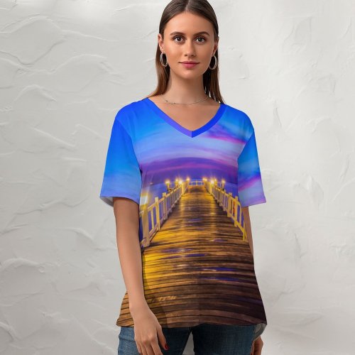 yanfind V Neck T-shirt for Women Anek Suwannaphoom Wooden Pier Bridge Sunset Horizon Resort Dawn Vacation Holidays Phuket Summer Top  Short Sleeve Casual Loose