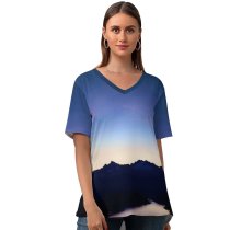 yanfind V Neck T-shirt for Women Jordan Steranka Hidden Lake Mountains Silhouette Sunset Crescent Moon Clear Sky Dark Summer Top  Short Sleeve Casual Loose
