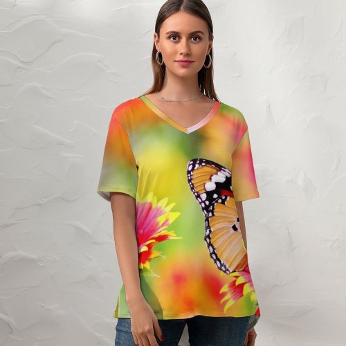 yanfind V Neck T-shirt for Women Flowers Butterfly Pollen Flower Garden Bokeh Bloom Blossom Summer Top  Short Sleeve Casual Loose