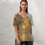 yanfind V Neck T-shirt for Women Fall Autumn Land Building Landscape Aliraoufian Wallpapers Plant Outdoors Tree Scenery Summer Top  Short Sleeve Casual Loose