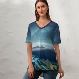 yanfind V Neck T-shirt for Women Grafixart Mountains Starry Sky Night Aerial Landscape Summer Top  Short Sleeve Casual Loose