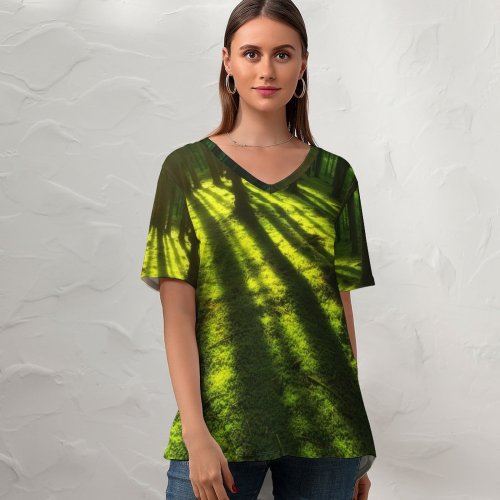 yanfind V Neck T-shirt for Women Johannes Plenio Forest Trees Daylight Summer Top  Short Sleeve Casual Loose