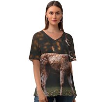 yanfind V Neck T-shirt for Women Fallow Deer Squirrel Bird Trees Forest Autumn Summer Top  Short Sleeve Casual Loose