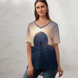 yanfind V Neck T-shirt for Women Six N Five Eclipse Sun Moon Planet Desert Microsoft Summer Top  Short Sleeve Casual Loose