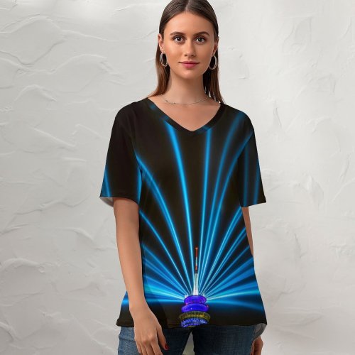 yanfind V Neck T-shirt for Women Carsten Heyer Black Dark Rhine Tower Rheinturm Düsseldorf Television Tower Light Beam Summer Top  Short Sleeve Casual Loose