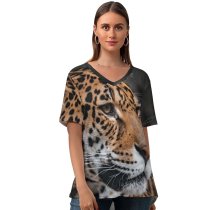 yanfind V Neck T-shirt for Women Mike Van Den Bos Leopard Wildlife Jaguar Closeup ARTIS Amsterdam Netherlands Summer Top  Short Sleeve Casual Loose