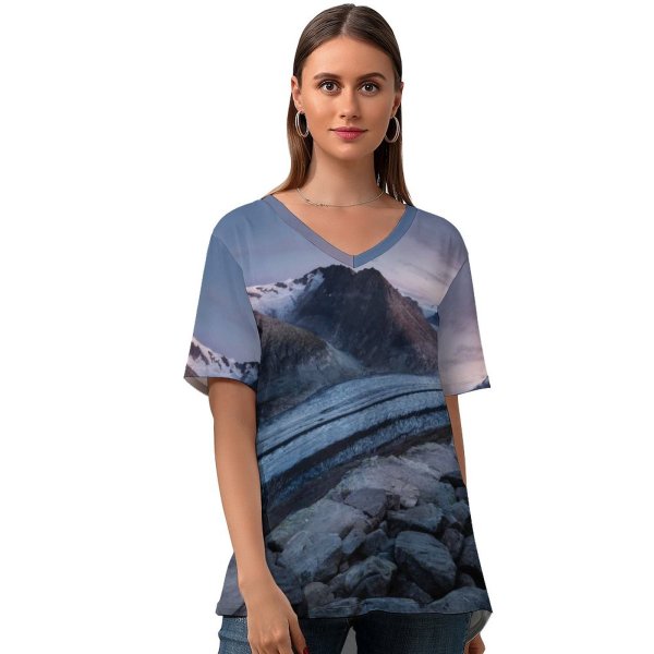 yanfind V Neck T-shirt for Women Bettmerhorn Mountains Snow Winter Bernese Alps Landscape Scenic Summit Sunrise Dawn Summer Top  Short Sleeve Casual Loose