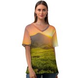yanfind V Neck T-shirt for Women Anek Suwannaphoom Tea form Cameron Highlands Sunrise Landscape Hills Agriculture Malaysia Summer Top  Short Sleeve Casual Loose
