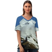 yanfind V Neck T-shirt for Women Volcano Snow Ice Mountain Sky Rock Zealand Taranaki Mountainous Landforms Range Glacial Summer Top  Short Sleeve Casual Loose