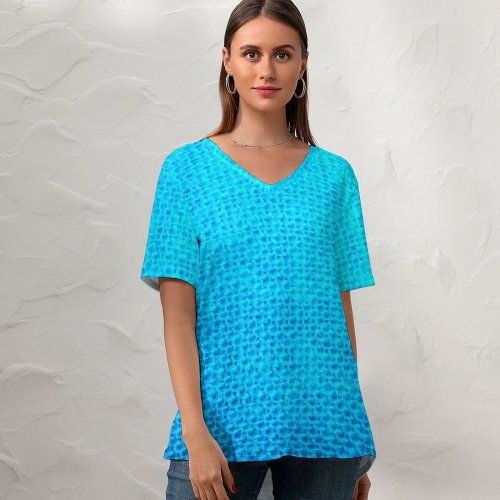 yanfind V Neck T-shirt for Women Structure Structures Texture Textures Detail Fabric Linen Weaved Aqua Turquoise Azure Teal Summer Top  Short Sleeve Casual Loose