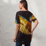 yanfind V Neck T-shirt for Women Black Dark Macaw Bird Colorful Parrot Summer Top  Short Sleeve Casual Loose