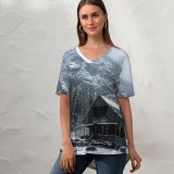 yanfind V Neck T-shirt for Women Building Alps Cabin Snow Wallpapers Mountain Outdoors Tree Altausseer Free Mistery Summer Top  Short Sleeve Casual Loose