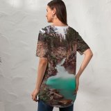 yanfind V Neck T-shirt for Women Joshua Woroniecki River Stream Cliffs Trees Rocks Summer Top  Short Sleeve Casual Loose