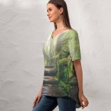 yanfind V Neck T-shirt for Women Sasin Tipchai Rainforest Wooden Bridge Daylight Footpath Forest Summer Top  Short Sleeve Casual Loose