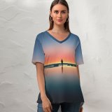 yanfind V Neck T-shirt for Women Jordan Steranka Horizon Beach Alone Sunset Silhouette Crescent Moon Reflection Kalaloch Summer Top  Short Sleeve Casual Loose