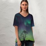 yanfind V Neck T-shirt for Women Aurora Borealis Northern Lights Night Summer Top  Short Sleeve Casual Loose
