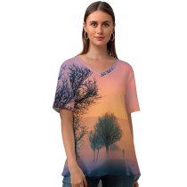 yanfind V Neck T-shirt for Women Johannes Plenio Golden Hour Foggy Sunrise Morning Winter Road Summer Top  Short Sleeve Casual Loose