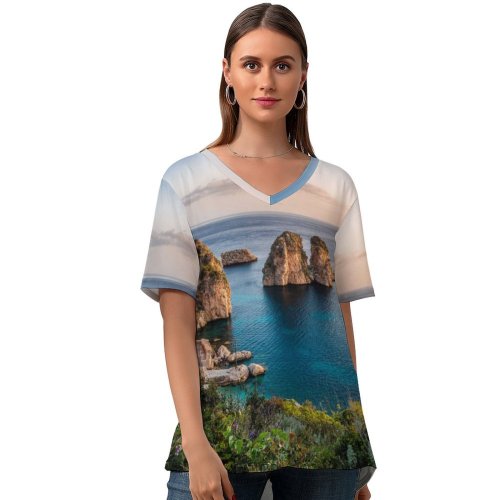 yanfind V Neck T-shirt for Women Tonnara Di Scopello Historical Beach Seascape Ancient Rocks Italy Summer Top  Short Sleeve Casual Loose